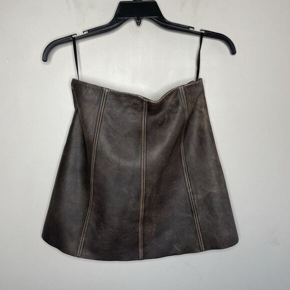 VEDA Leather Skirt Women 10 Brown Mini Distressed Side Zip Lined - Picture 7 of 11